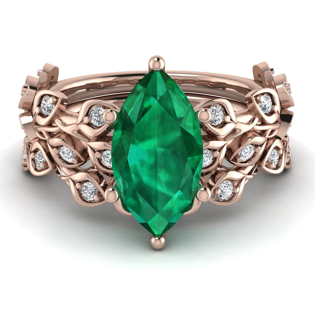 Marquise Emerald Golden Leaf Bridal Set - Julieta No. 5