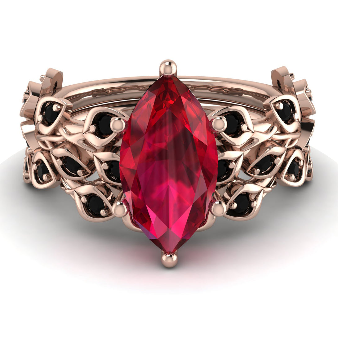 Marquise Ruby Golden Leaf Bridal Set - Julieta No. 41