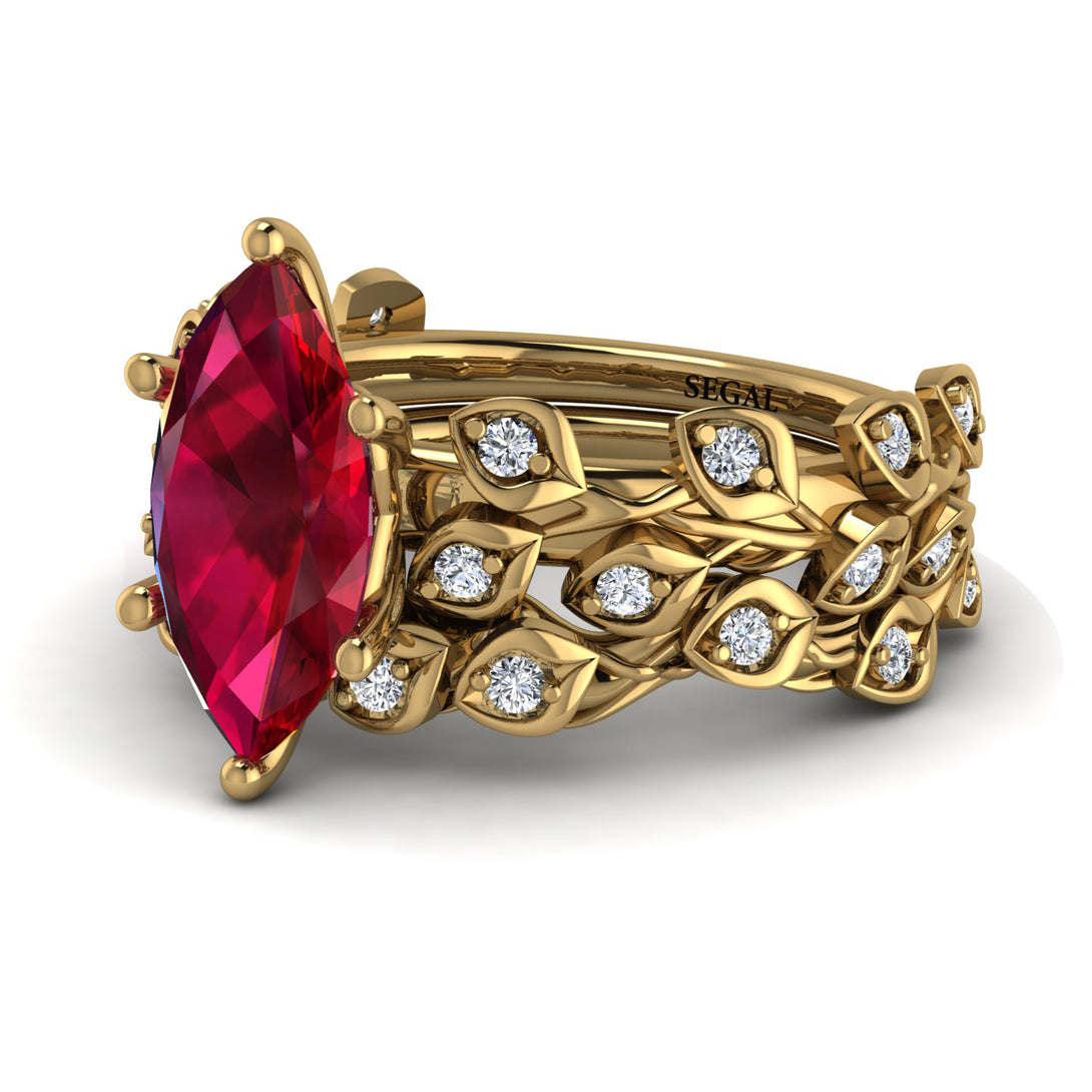 Marquise Ruby Golden Leaf Bridal Set - Julieta No. 10
