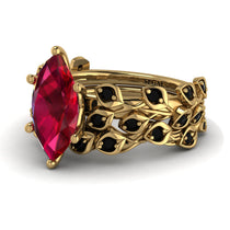 Marquise Ruby Golden Leaf Bridal Set