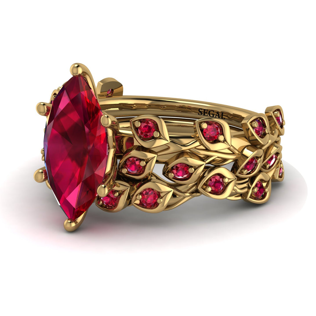 Marquise Ruby Golden Leaf Bridal Set - Julieta No. 55