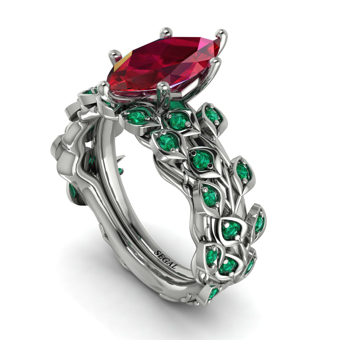 Marquise Ruby Golden Leaf Bridal Set - Julieta No. 27