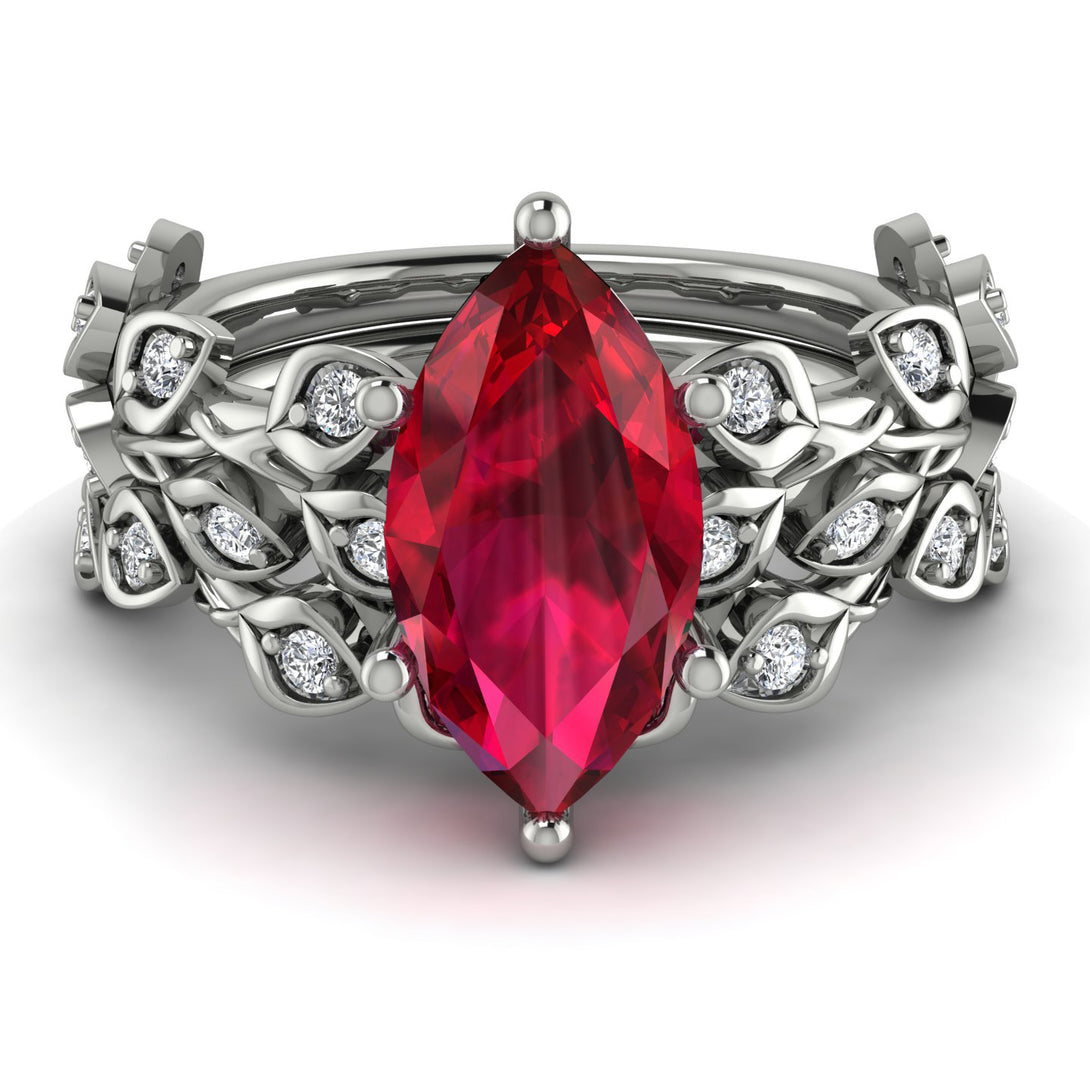 Marquise Ruby Golden Leaf Bridal Set - Julieta No. 12
