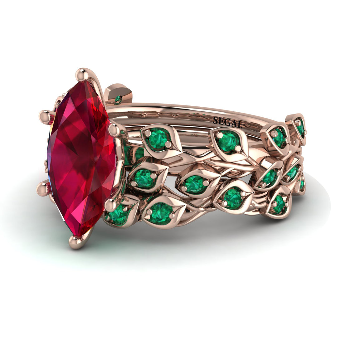 Marquise Ruby Golden Leaf Bridal Set - Julieta No. 26