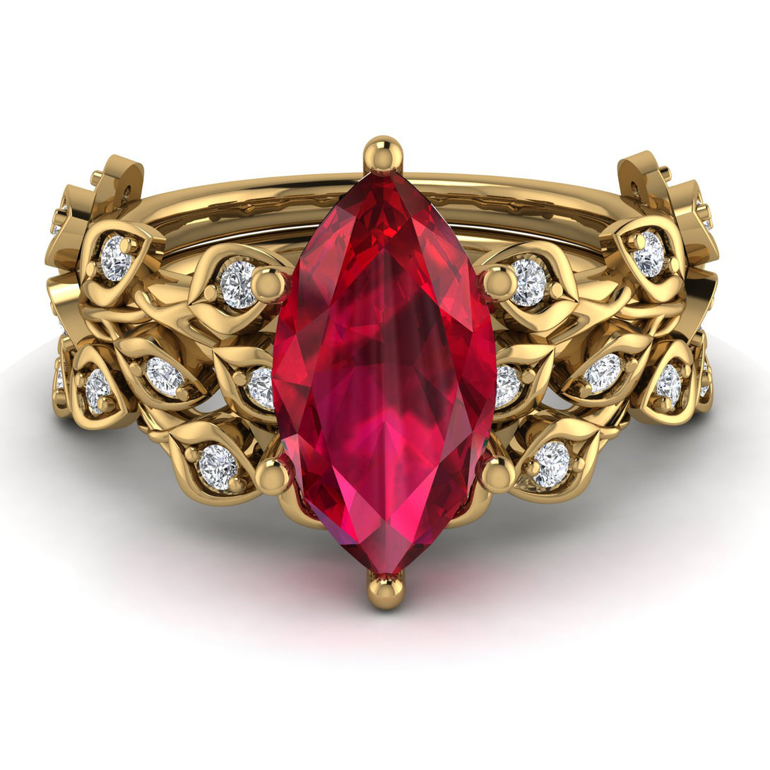 Marquise Ruby Golden Leaf Bridal Set - Julieta No. 10
