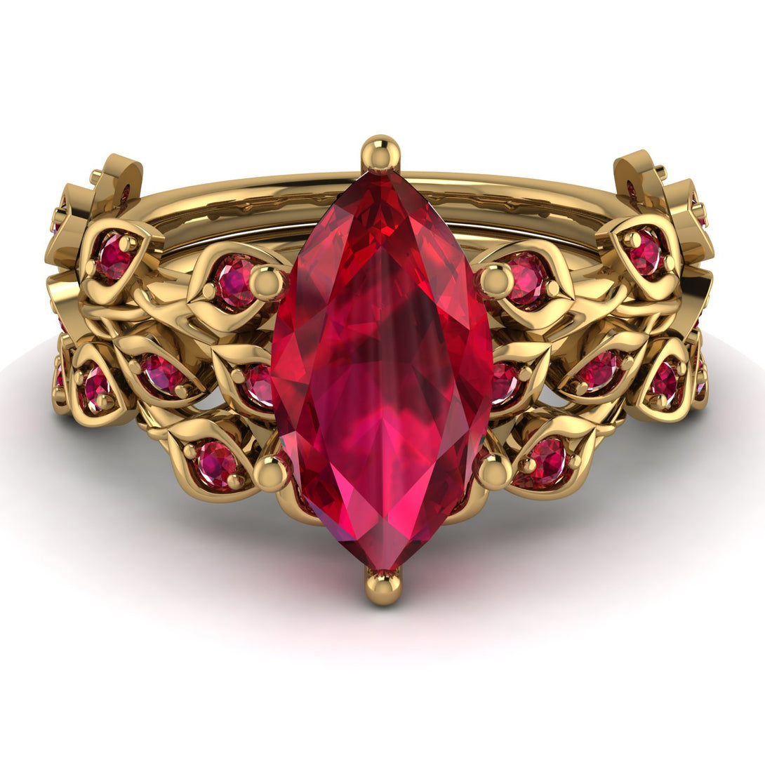 Marquise Ruby Golden Leaf Bridal Set - Julieta No. 55