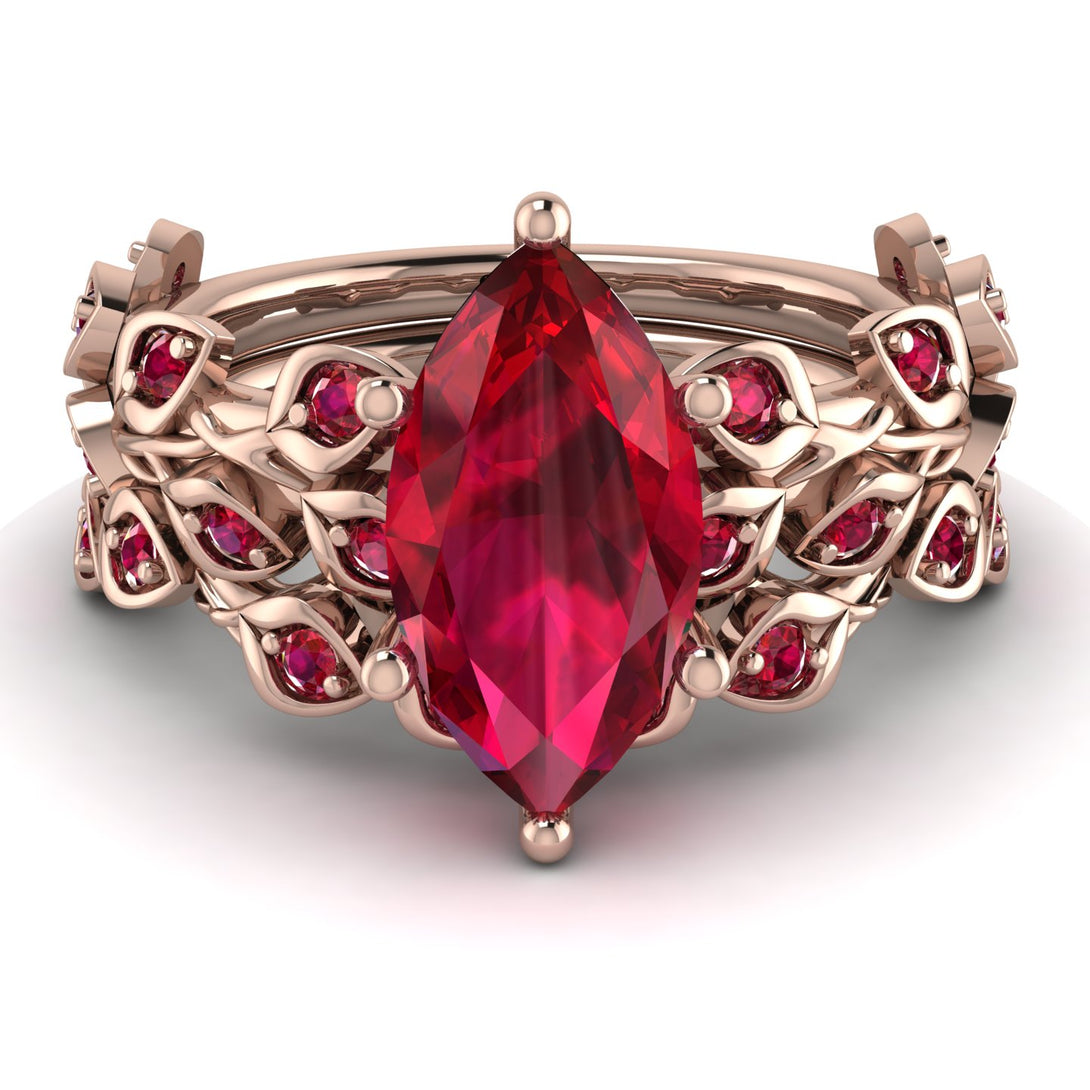 Marquise Ruby Golden Leaf Bridal Set - Julieta No. 56