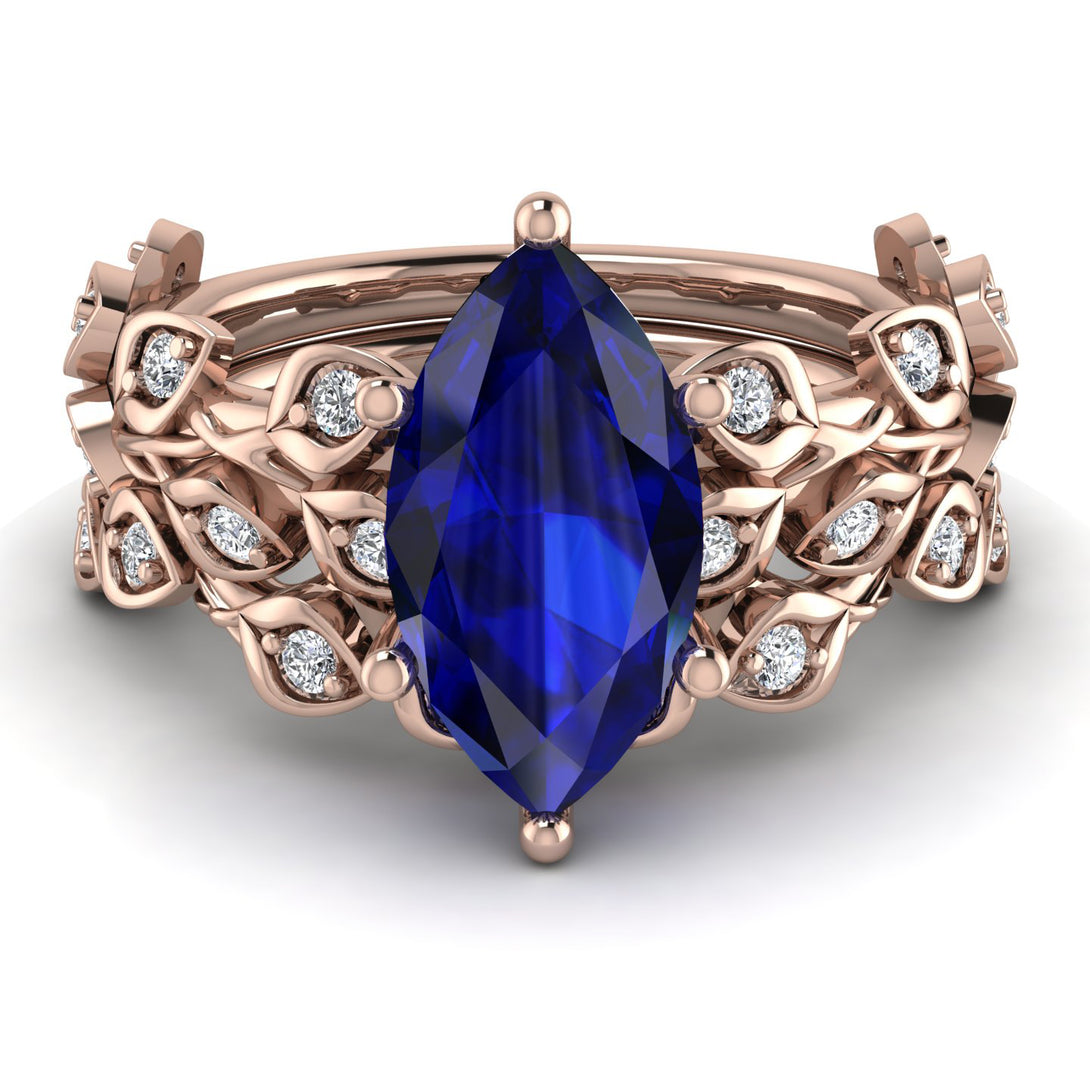 Marquise Sapphire Golden Leaf Bridal Set - Julieta No. 14