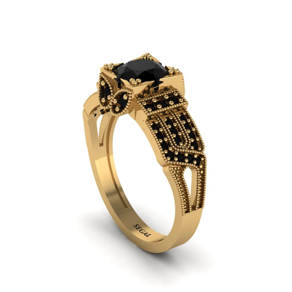 Black Diamond Milgrain Gold Engagement Ring - Lyric No. 37