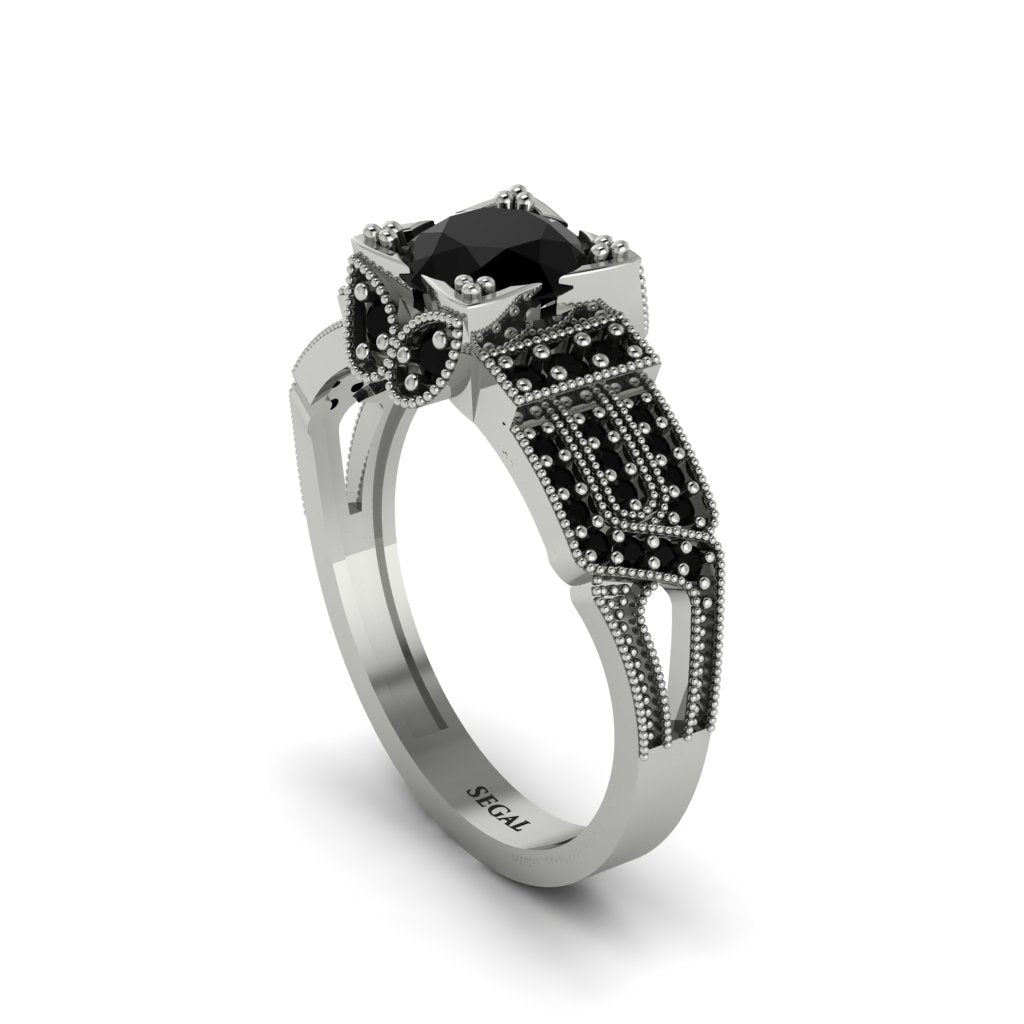 Black Diamond Milgrain Gold Engagement Ring - Lyric No. 39