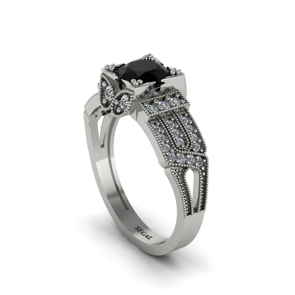 Black Diamond Milgrain Gold Engagement Ring - Lyric No. 9