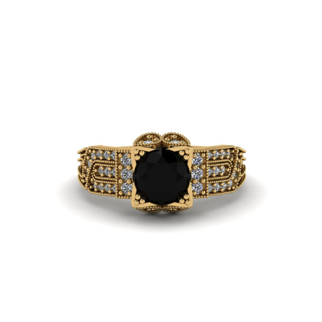 Black Diamond Milgrain Gold Engagement Ring - Lyric No. 7