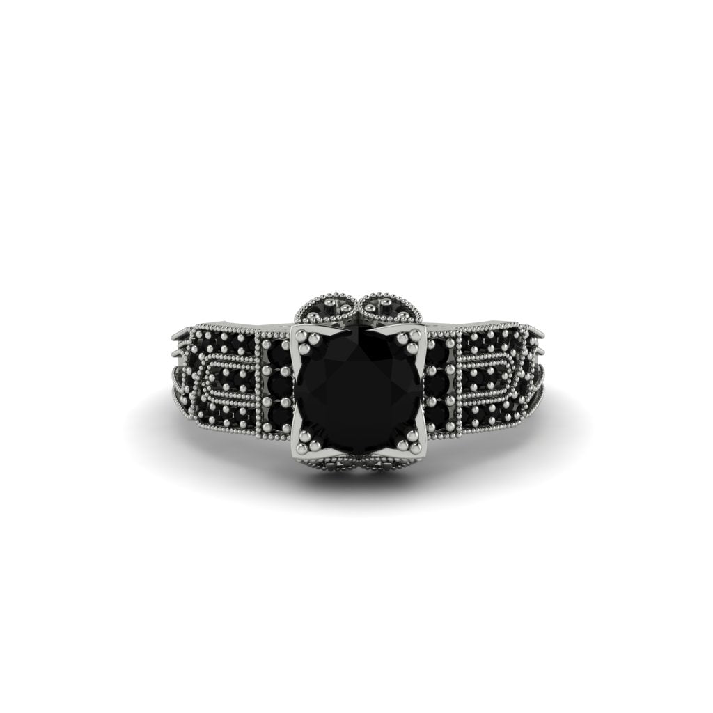 Black Diamond Milgrain Gold Engagement Ring - Lyric No. 39