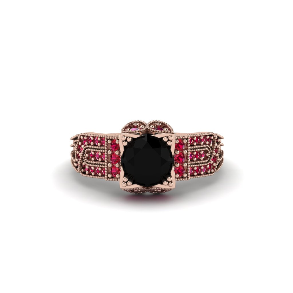 Black Diamond Milgrain Gold Engagement Ring - Lyric No. 53