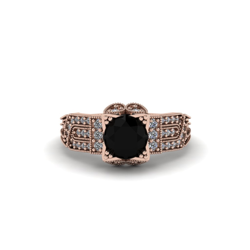 Black Diamond Milgrain Gold Engagement Ring - Lyric No. 8