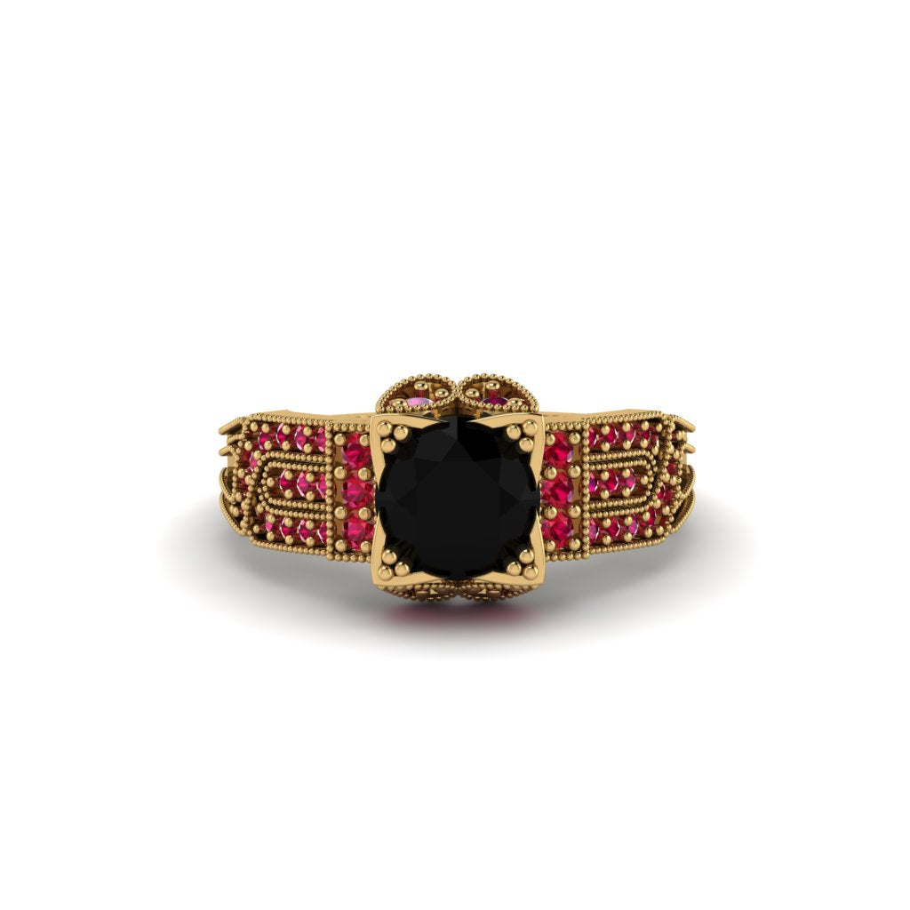 Black Diamond Milgrain Gold Engagement Ring - Lyric No. 52