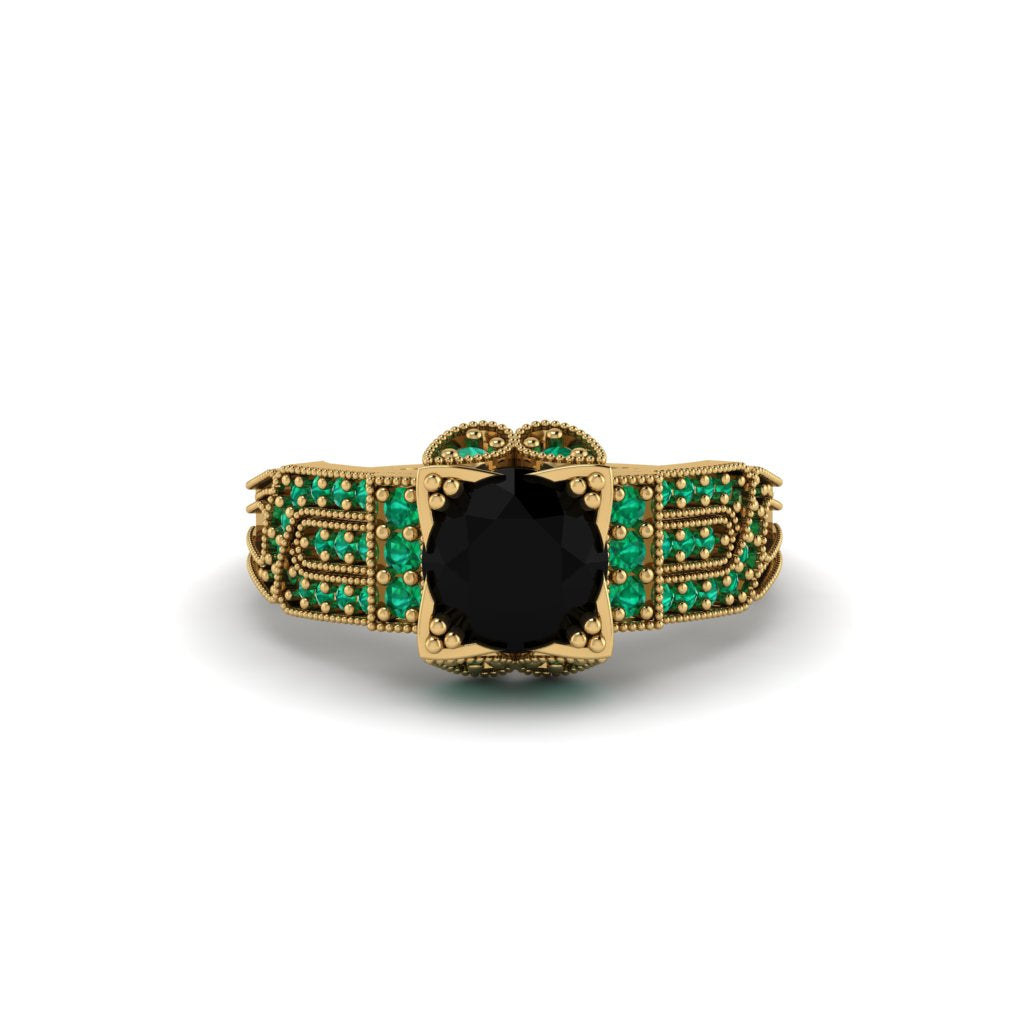 Black Diamond Milgrain Gold Engagement Ring - Lyric No. 22