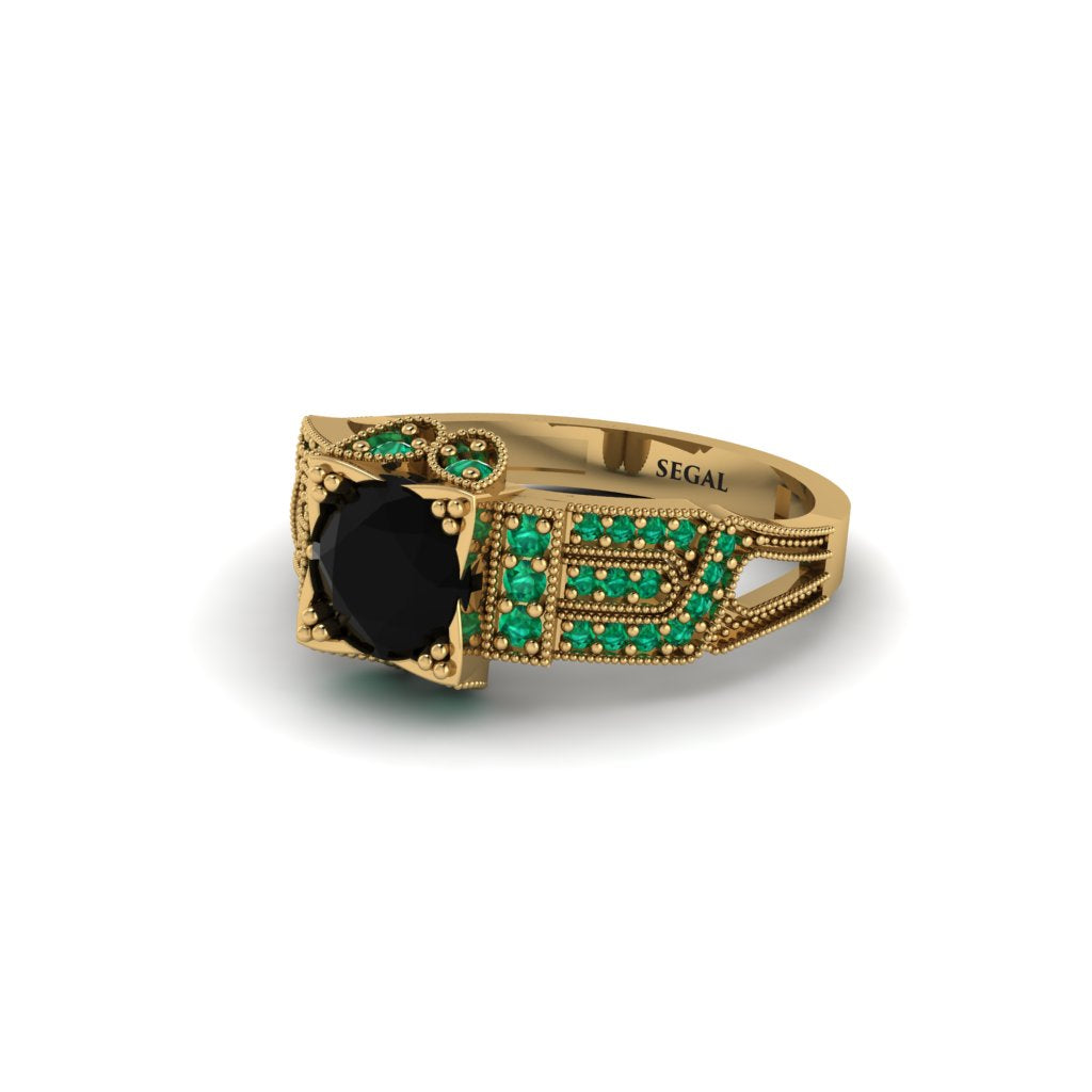 Black Diamond Milgrain Gold Engagement Ring - Lyric No. 22