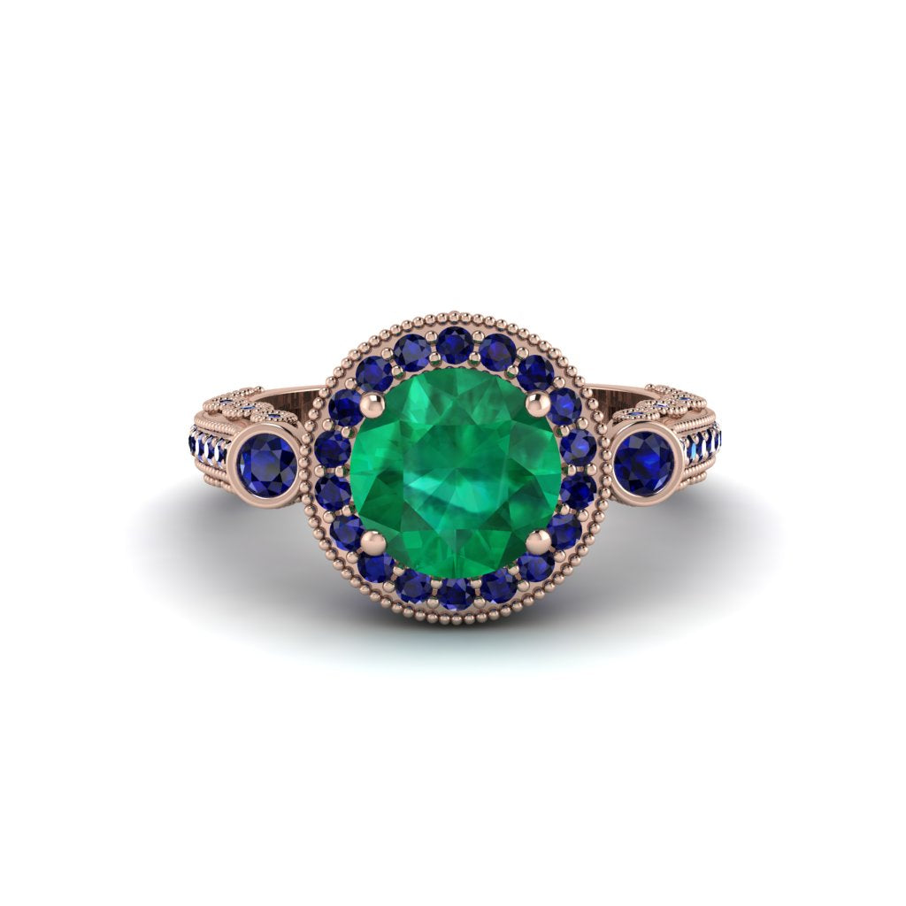 Milgrain Halo Pave Emerald Engagement Ring - Mabel No. 65