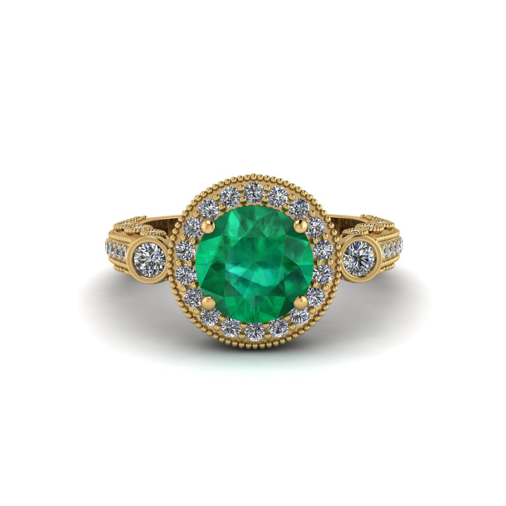Milgrain Halo Pave Emerald Engagement Ring - Mabel No. 4