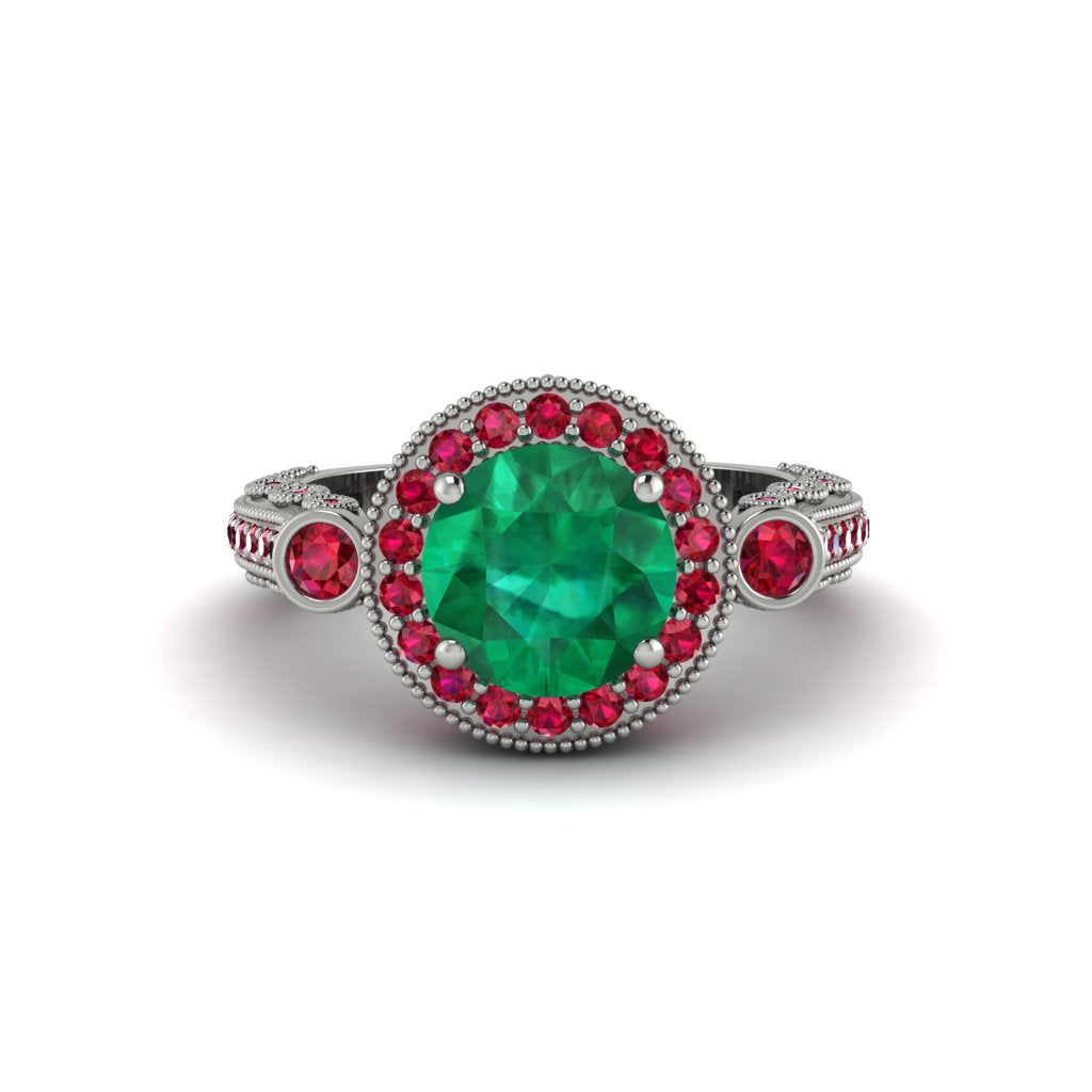 Milgrain Halo Pave Emerald Engagement Ring - Mabel No. 51