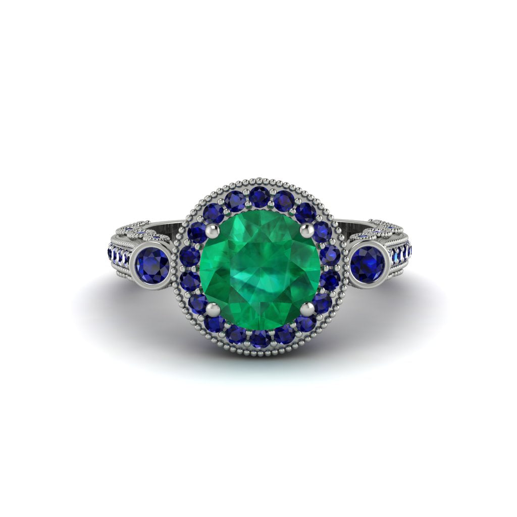 Milgrain Halo Pave Emerald Engagement Ring - Mabel No. 66