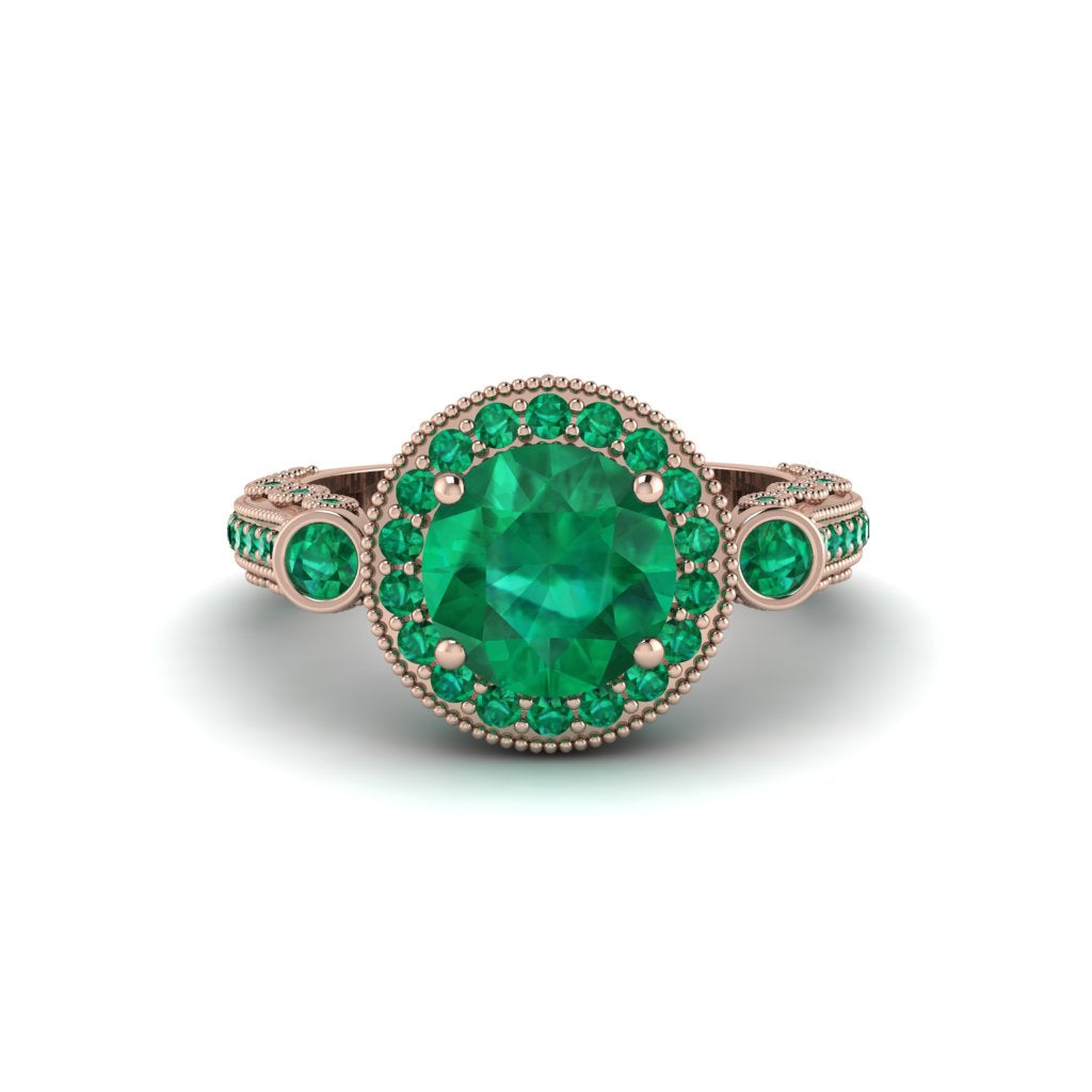 Milgrain Halo Pave Emerald Engagement Ring - Mabel No. 20