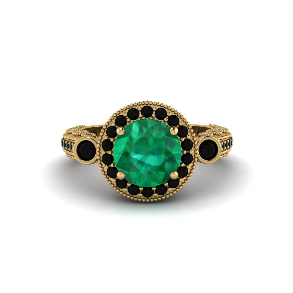 Milgrain Halo Pave Emerald Engagement Ring - Mabel No. 34