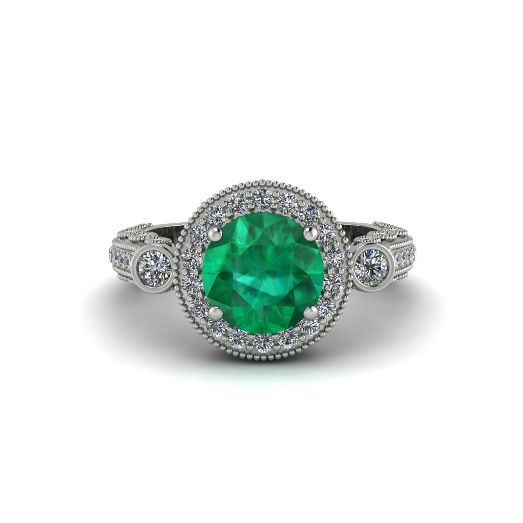 Milgrain Halo Pave Emerald Engagement Ring - Mabel No. 6