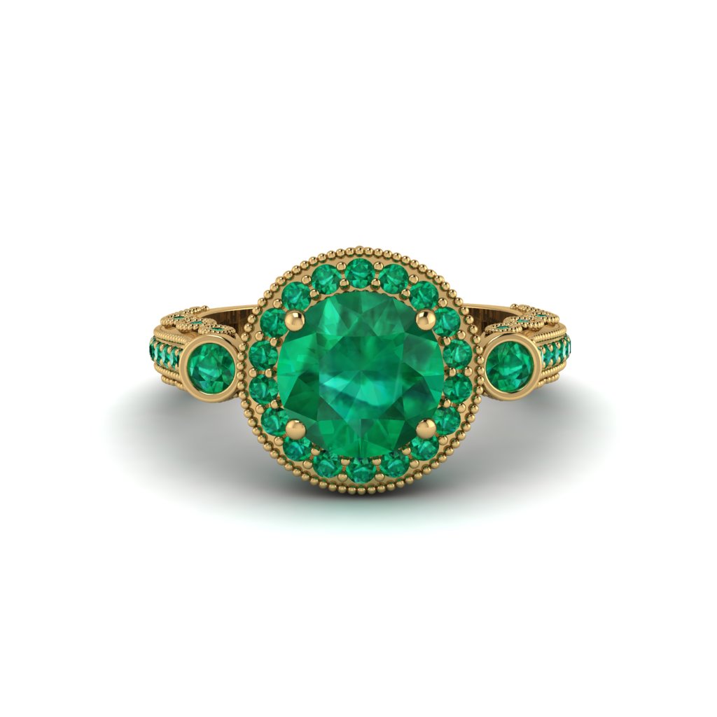 Milgrain Halo Pave Emerald Engagement Ring - Mabel No. 19