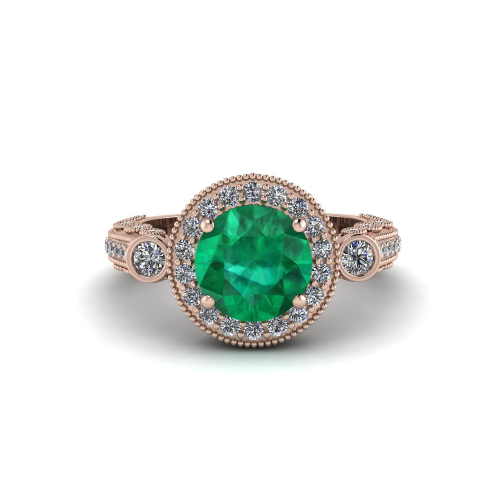 Milgrain Halo Pave Emerald Engagement Ring - Mabel No. 5