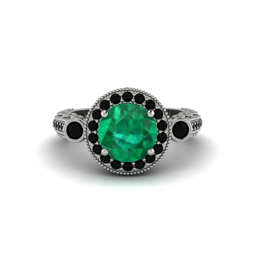 Milgrain Halo Pave Emerald Engagement Ring - Mabel No. 36