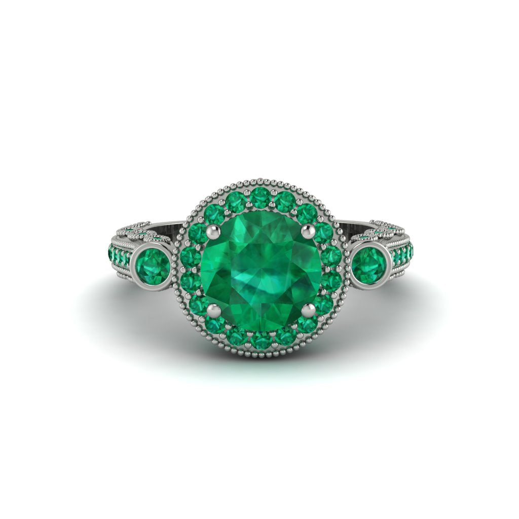 Milgrain Halo Pave Emerald Engagement Ring - Mabel No. 21
