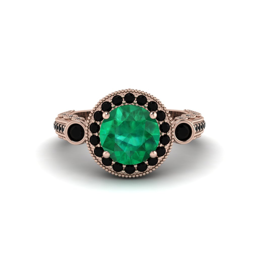 Milgrain Halo Pave Emerald Engagement Ring - Mabel No. 35