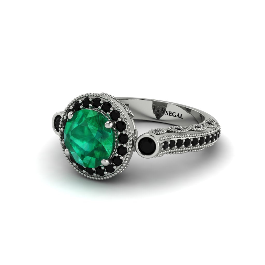 Milgrain Halo Pave Emerald Engagement Ring - Mabel No. 36