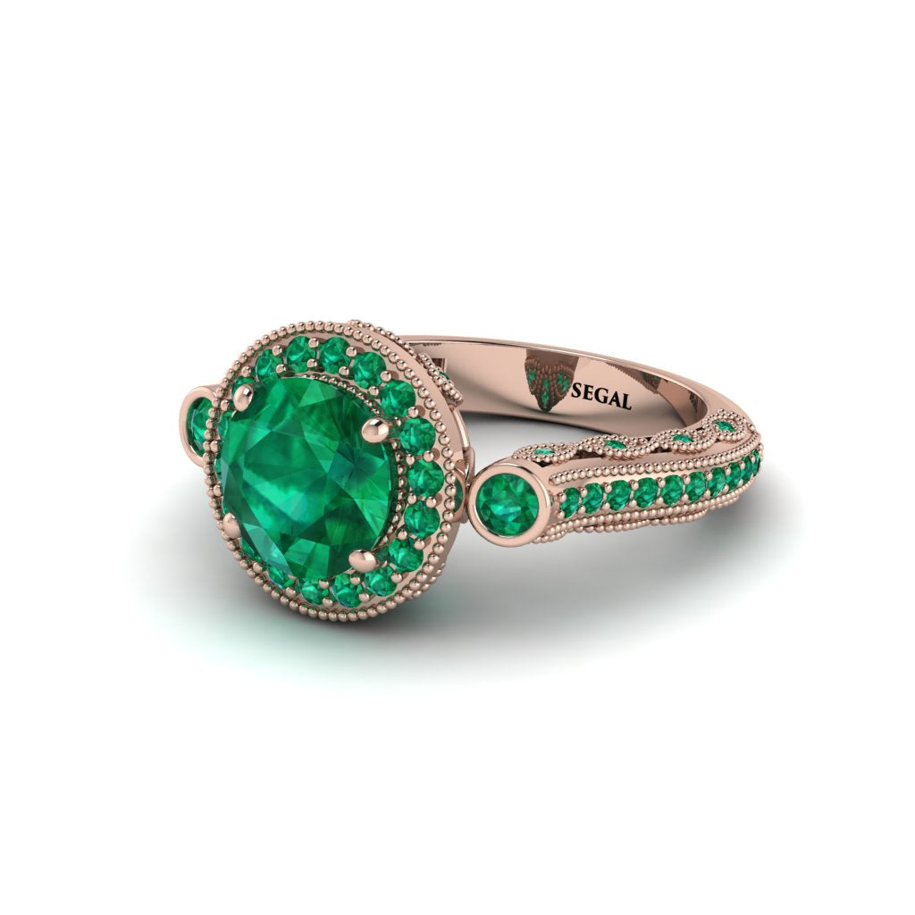 Milgrain Halo Pave Emerald Engagement Ring - Mabel No. 20