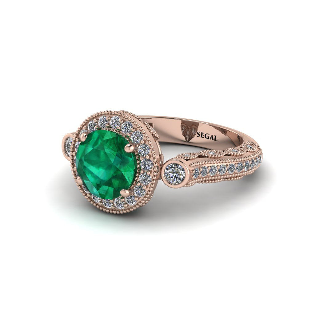 Milgrain Halo Pave Emerald Engagement Ring - Mabel No. 5