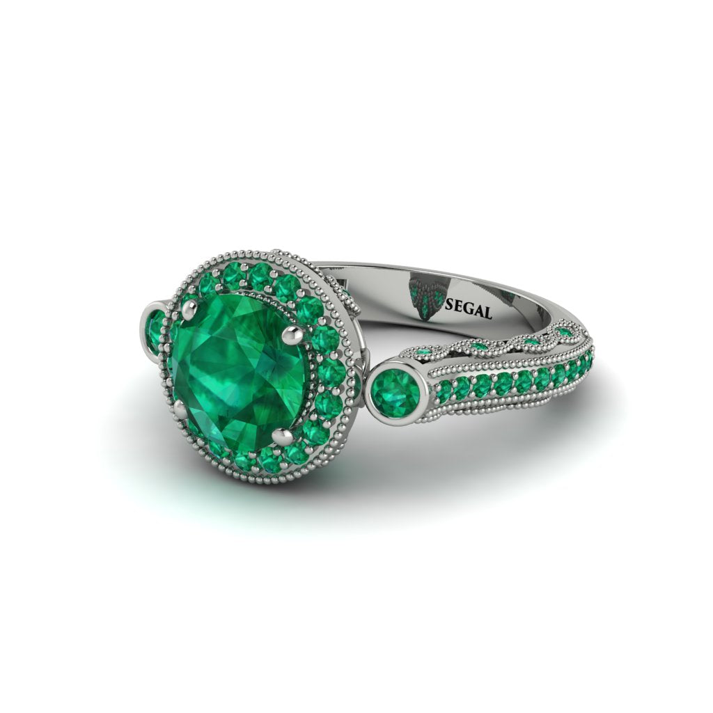 Milgrain Halo Pave Emerald Engagement Ring - Mabel No. 21