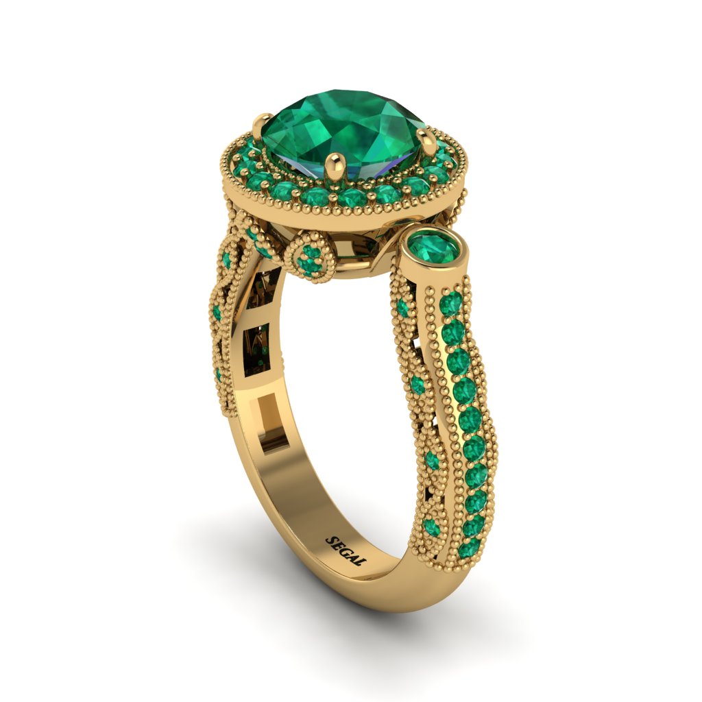 Milgrain Halo Pave Emerald Engagement Ring - Mabel No. 19