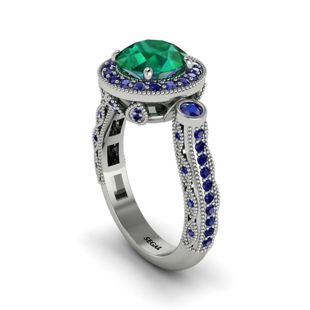 Milgrain Halo Pave Emerald Engagement Ring - Mabel No. 66