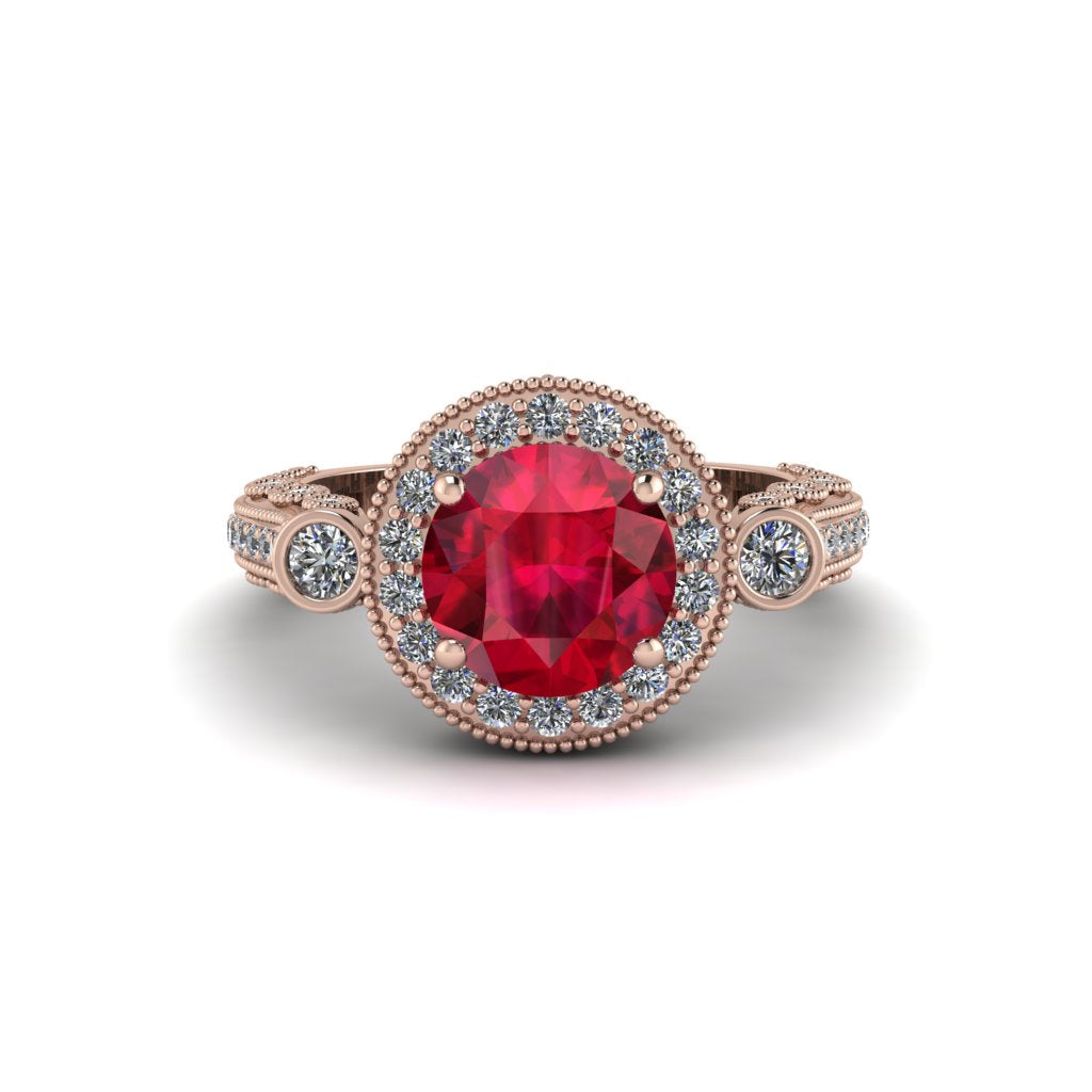 Milgrain Halo Pave Ruby Engagement Ring - Mabel No. 11