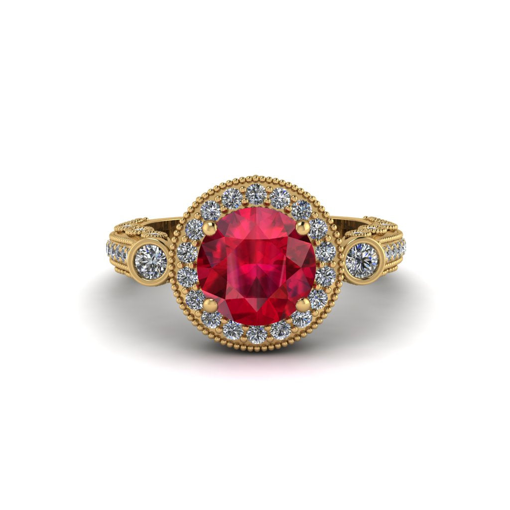 Milgrain Halo Pave Ruby Engagement Ring - Mabel No. 10