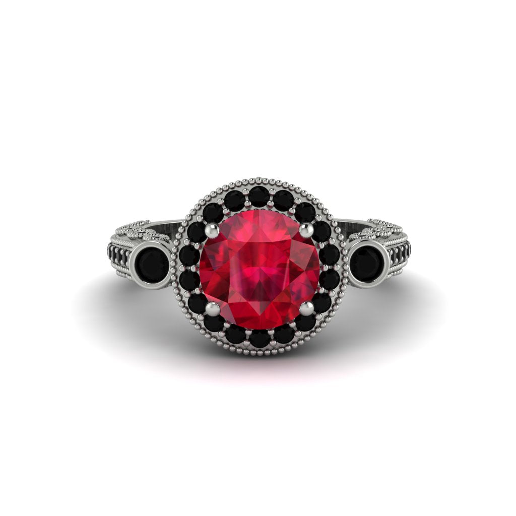Milgrain Halo Pave Ruby Engagement Ring - Mabel No. 42