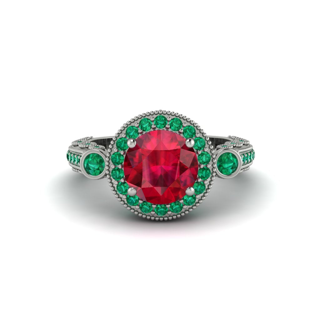 Milgrain Halo Pave Ruby Engagement Ring - Mabel No. 27