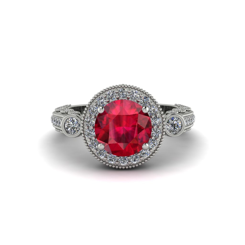 Milgrain Halo Pave Ruby Engagement Ring - Mabel No. 12