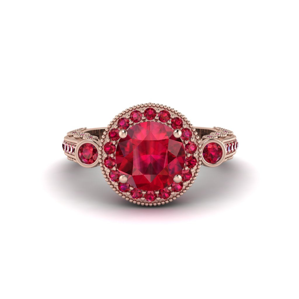 Milgrain Halo Pave Ruby Engagement Ring - Mabel No. 56