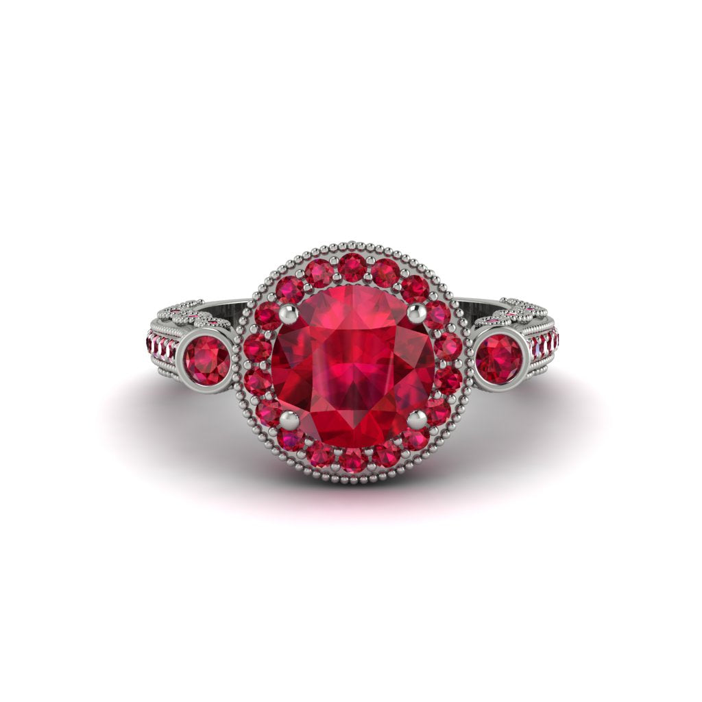 Milgrain Halo Pave Ruby Engagement Ring - Mabel No. 57
