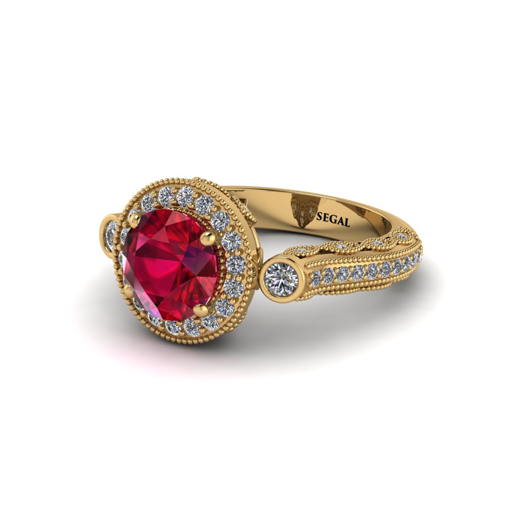 Milgrain Halo Pave Ruby Engagement Ring - Mabel No. 10
