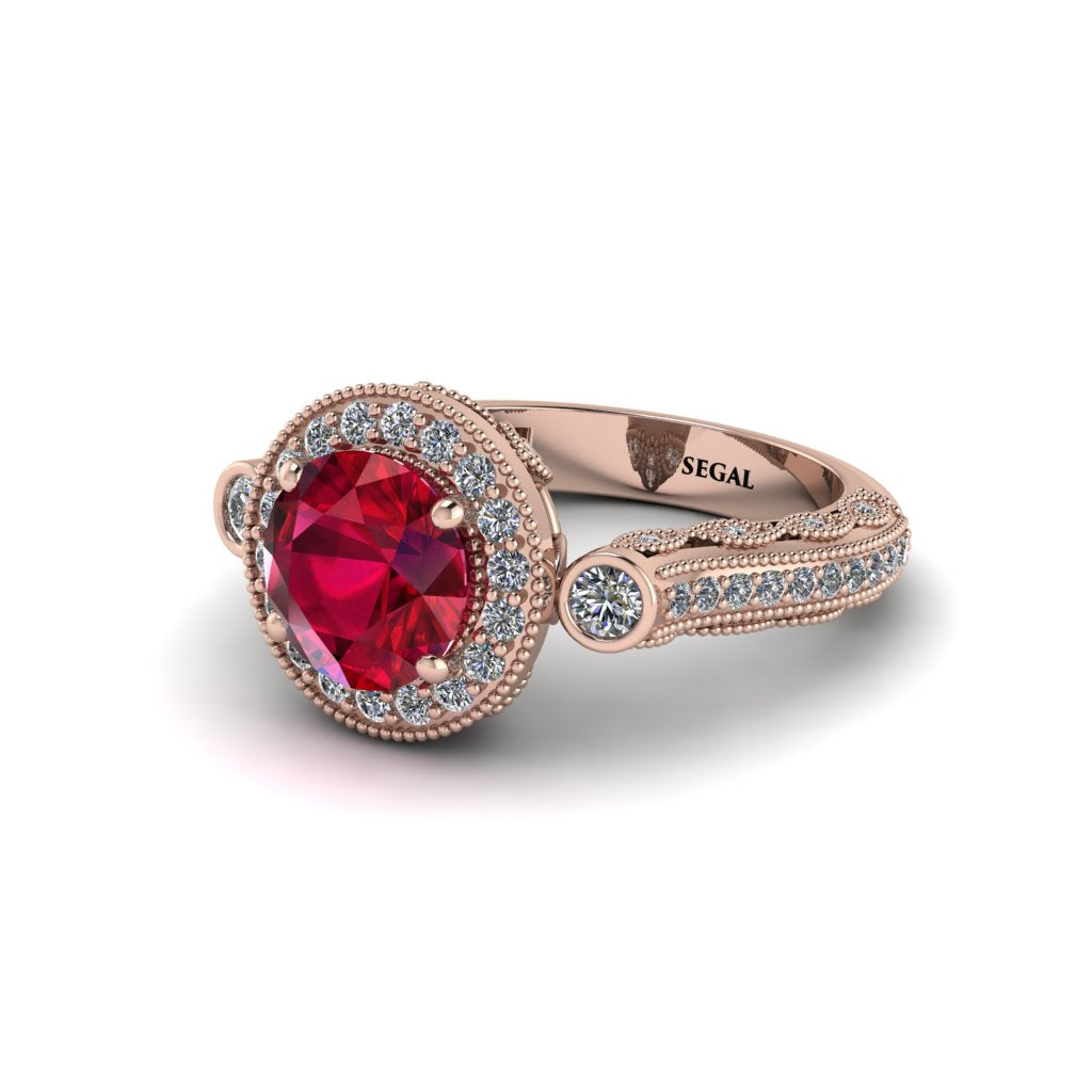 Milgrain Halo Pave Ruby Engagement Ring - Mabel No. 11