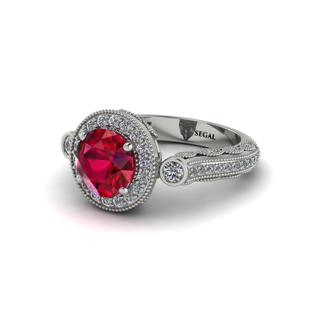 Milgrain Halo Pave Ruby Engagement Ring - Mabel No. 12